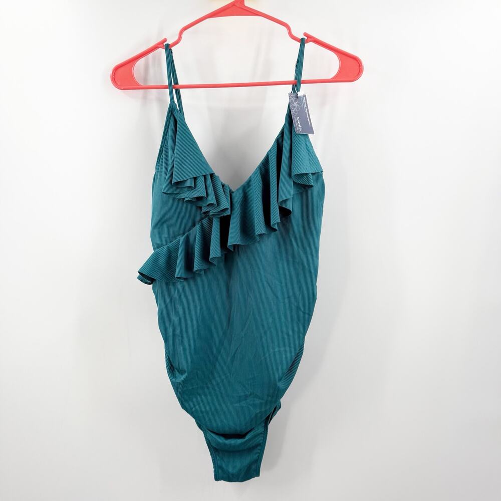 Summer Mae Maternity Swimsuit SZ Medium One Piece Teal Rib Ruffle V Neck NWT